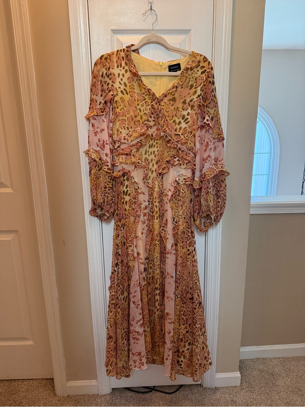 Bardot Pink and Yellow Leopard Print Ruffle Maxi Dress